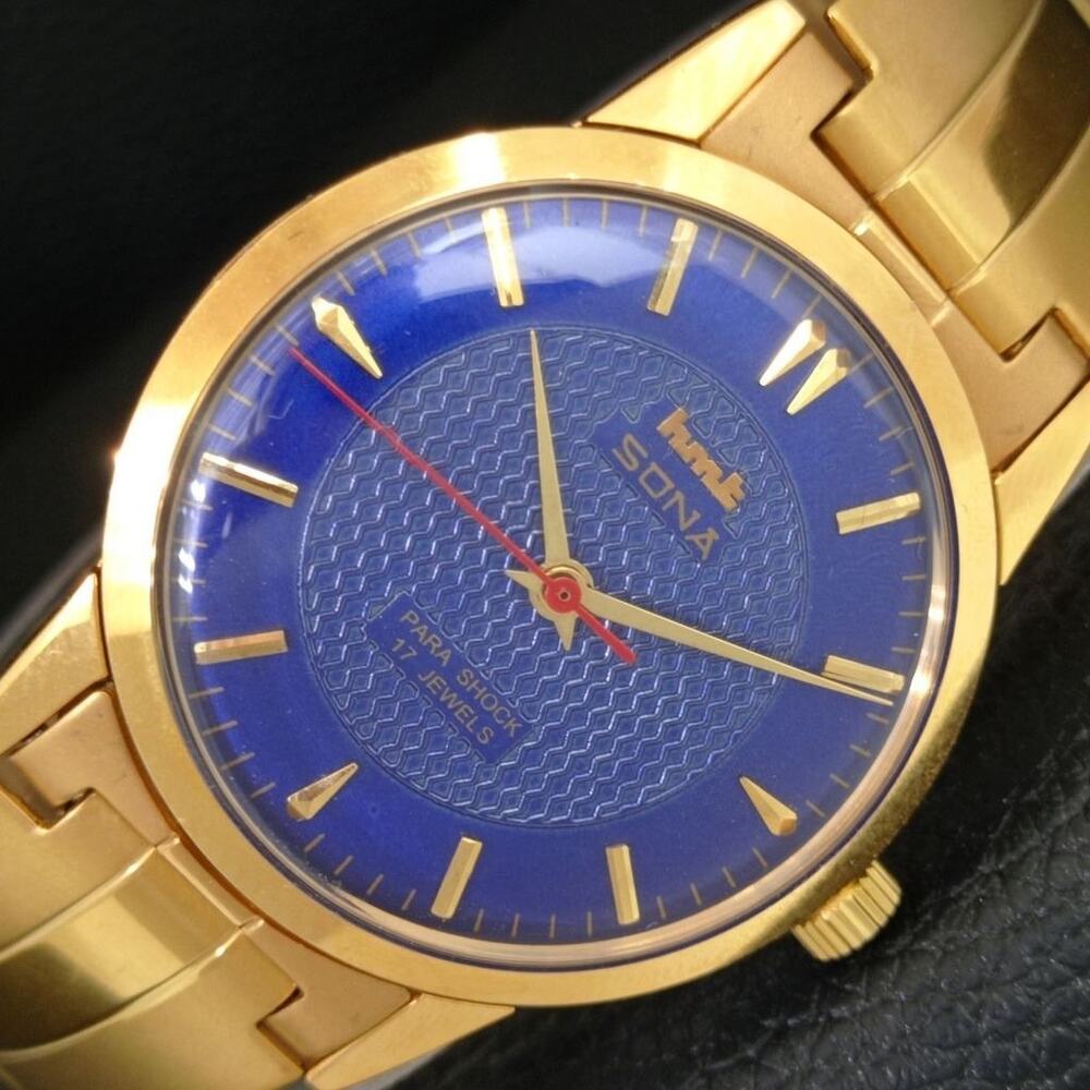 Vintage 1988 HMT Manual Wound Mens Gold Watch & Blue accents